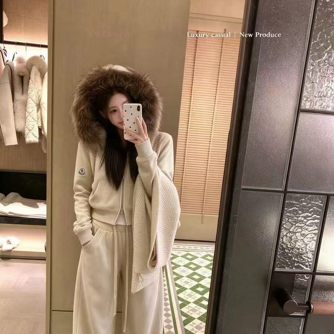 美式休闲运动套装女秋冬超火穿搭大毛领连帽卫衣阔腿裤两件套