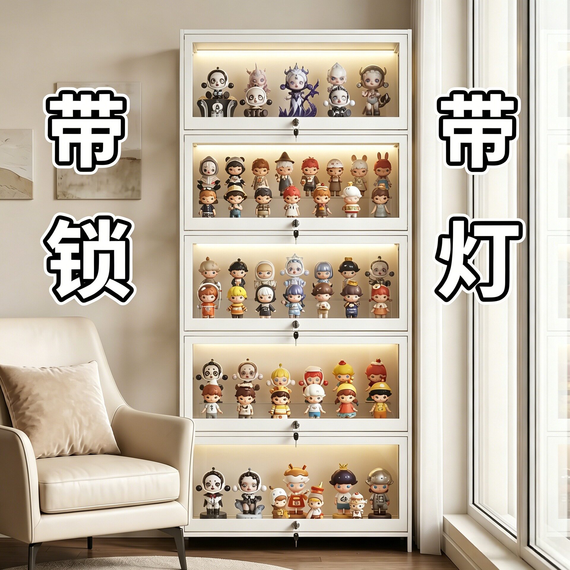 带灯手办展示柜带锁家用防尘亚克力透明娃娃模型玩具盲盒收纳盒