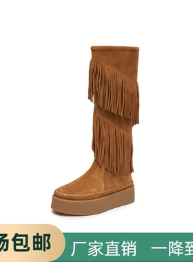 董洁同款流苏牧歌2025冬款牛皮流苏长筒靴西部牛仔长靴女G0141DC5