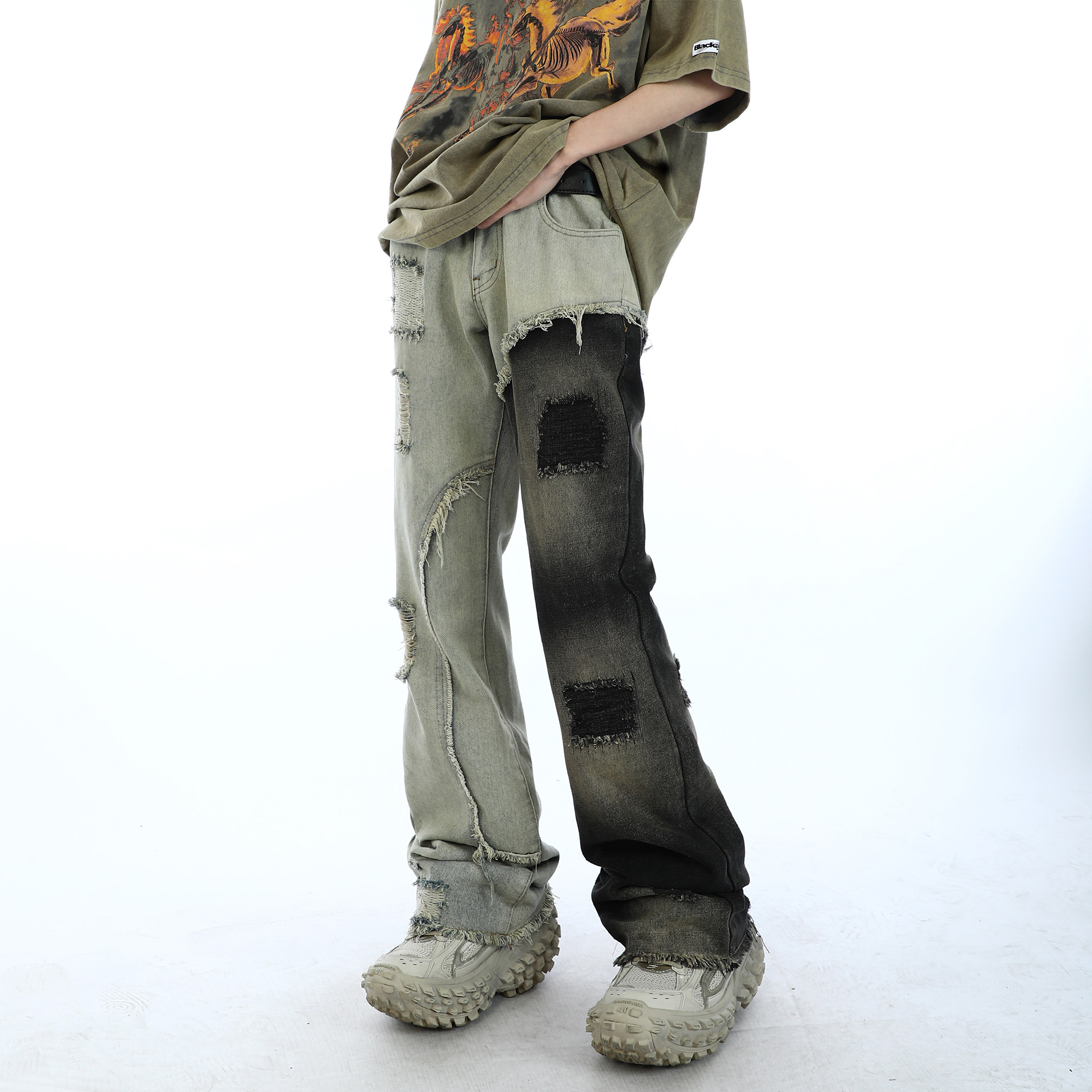 disobey 美式高街水洗撞色拼接微喇叭牛仔裤宽松复古小众直筒裤子