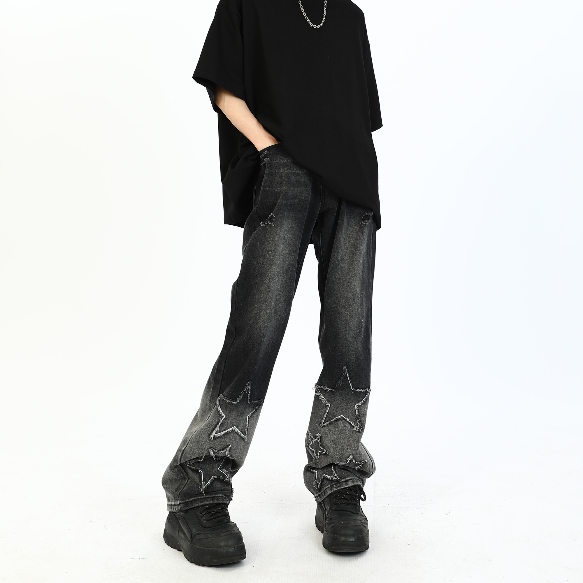 disobey 美式复古水洗渐变五角星贴布牛仔裤宽松高街vibe直筒裤子