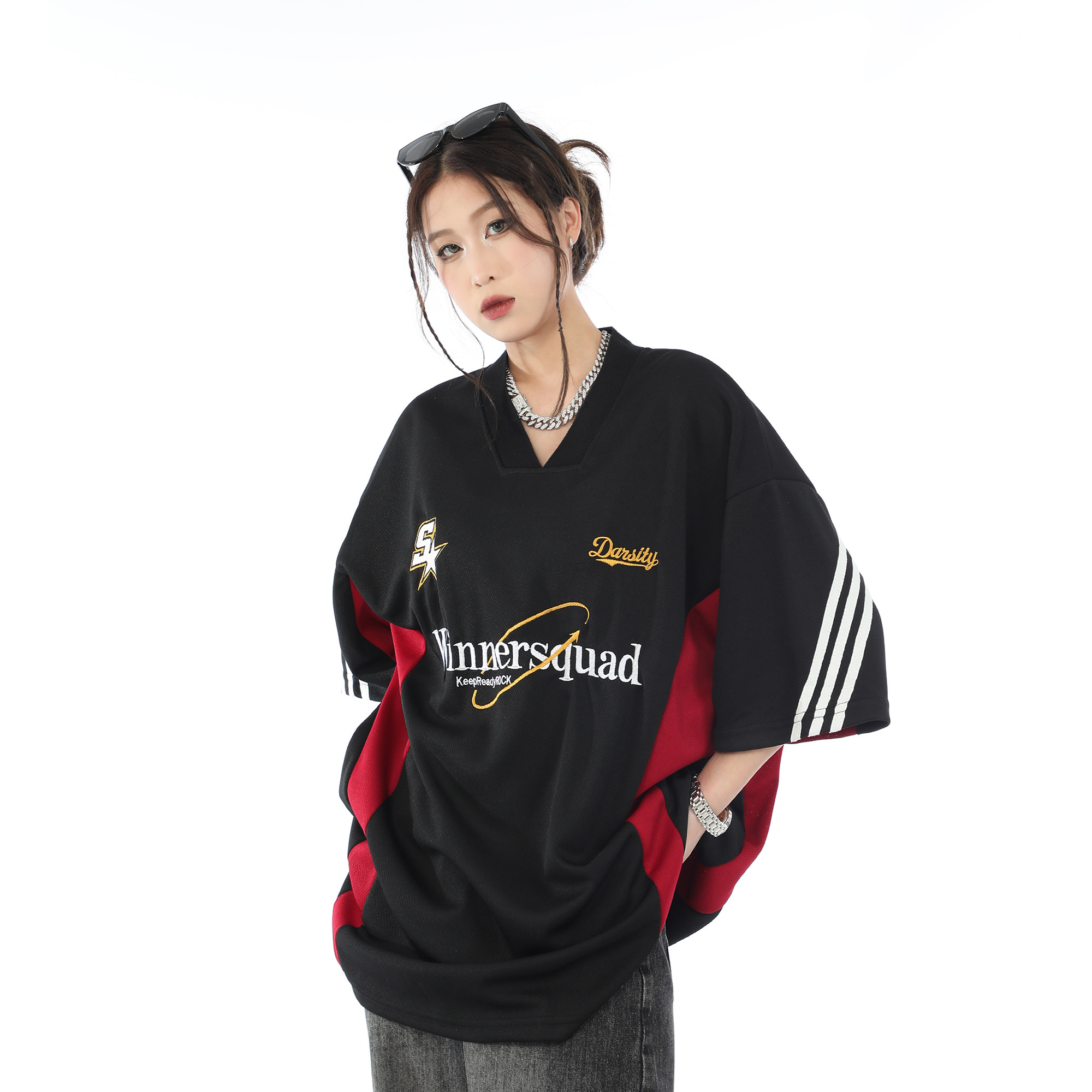 disobey美式高街刺绣拼接v领短袖t恤男女ins宽松hiphop半袖球衣潮