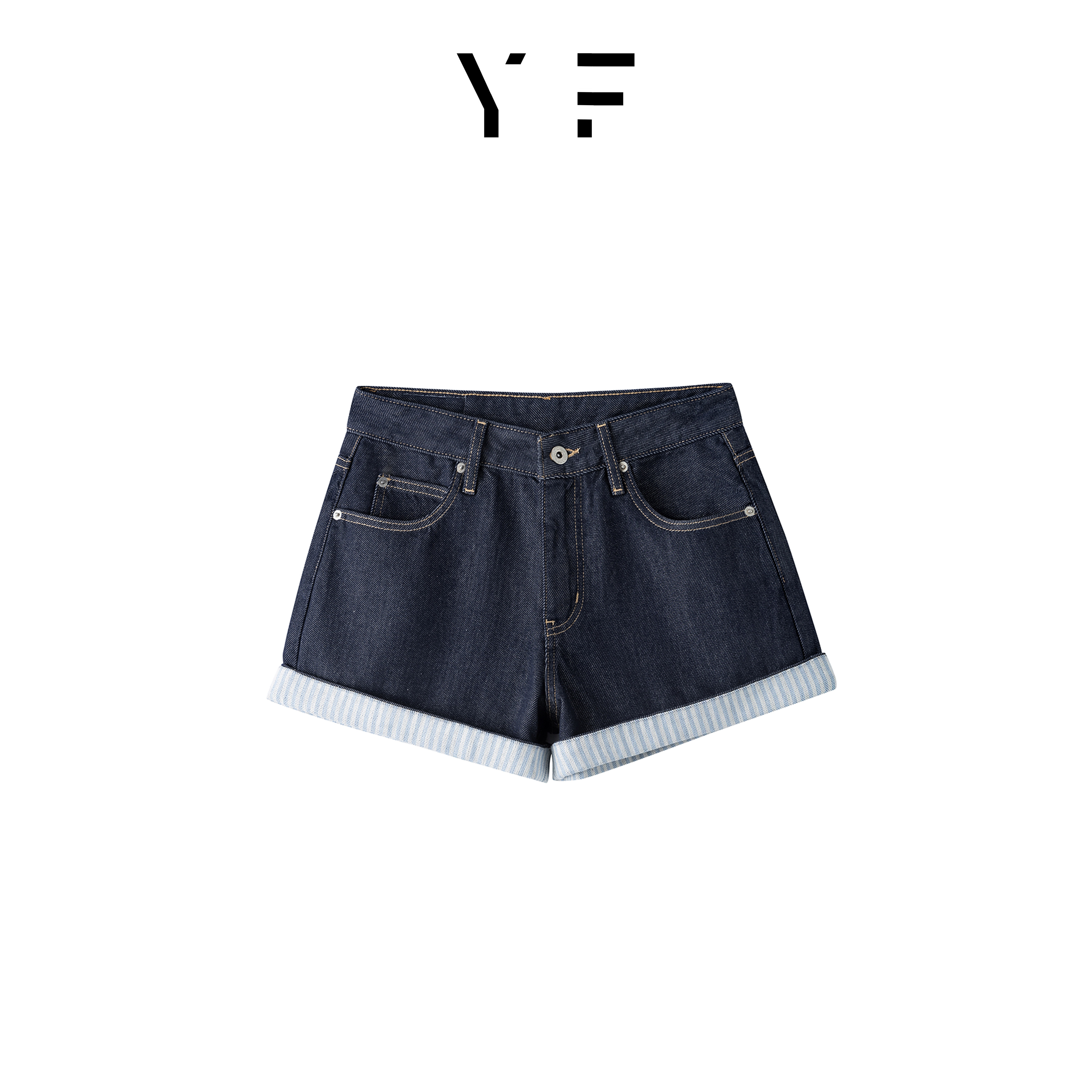 夏季清爽撞色卷边牛仔短裤