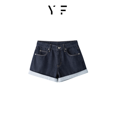 夏季清爽撞色卷边牛仔短裤