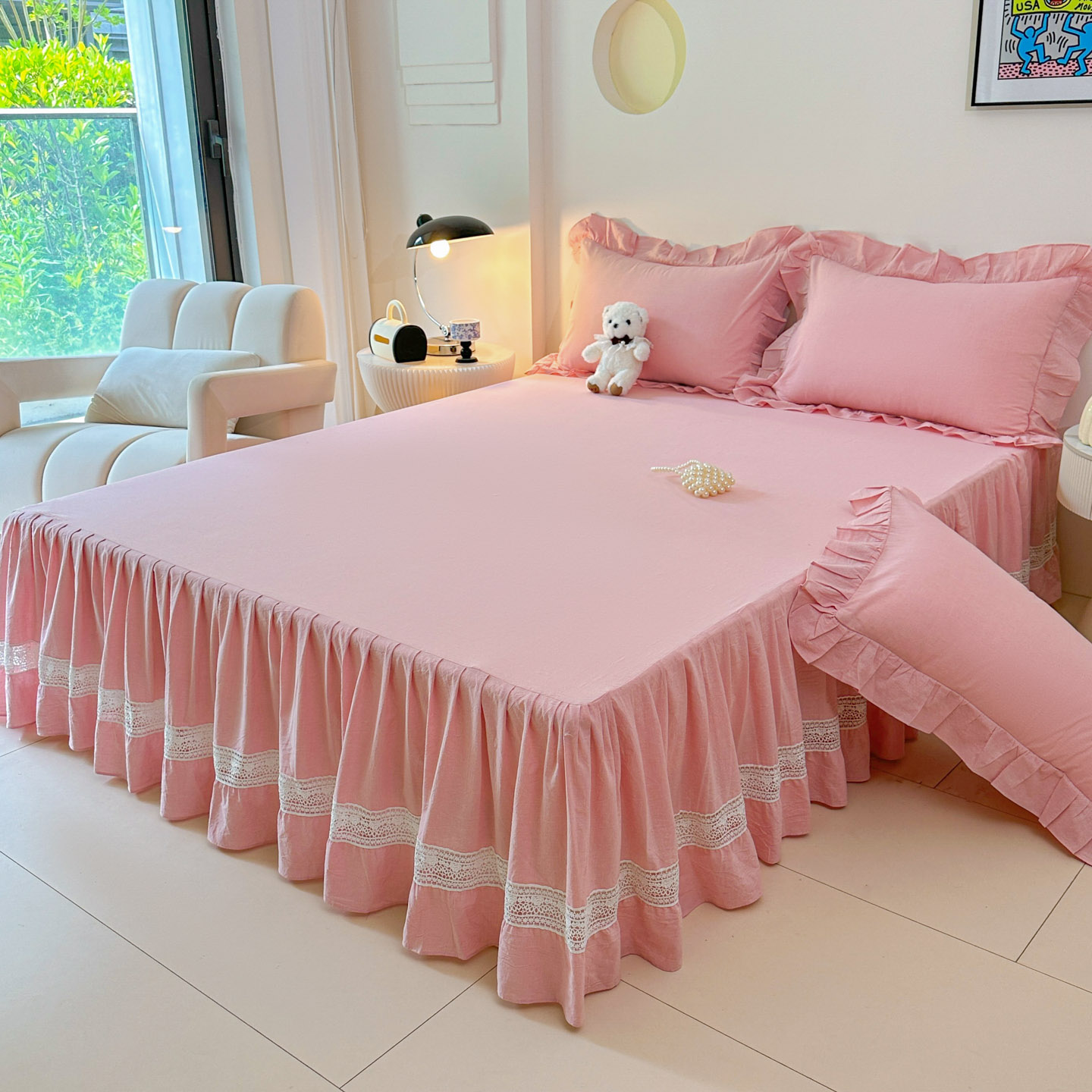 色织全棉水洗棉蕾丝床裙单件1.51.8米双人床花边床罩纯棉花边床单