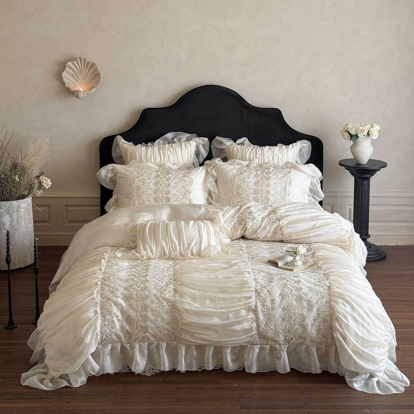 高档法式蕾丝天丝棉四件套公主风长绒棉床品情侣浪漫花边被套床盖