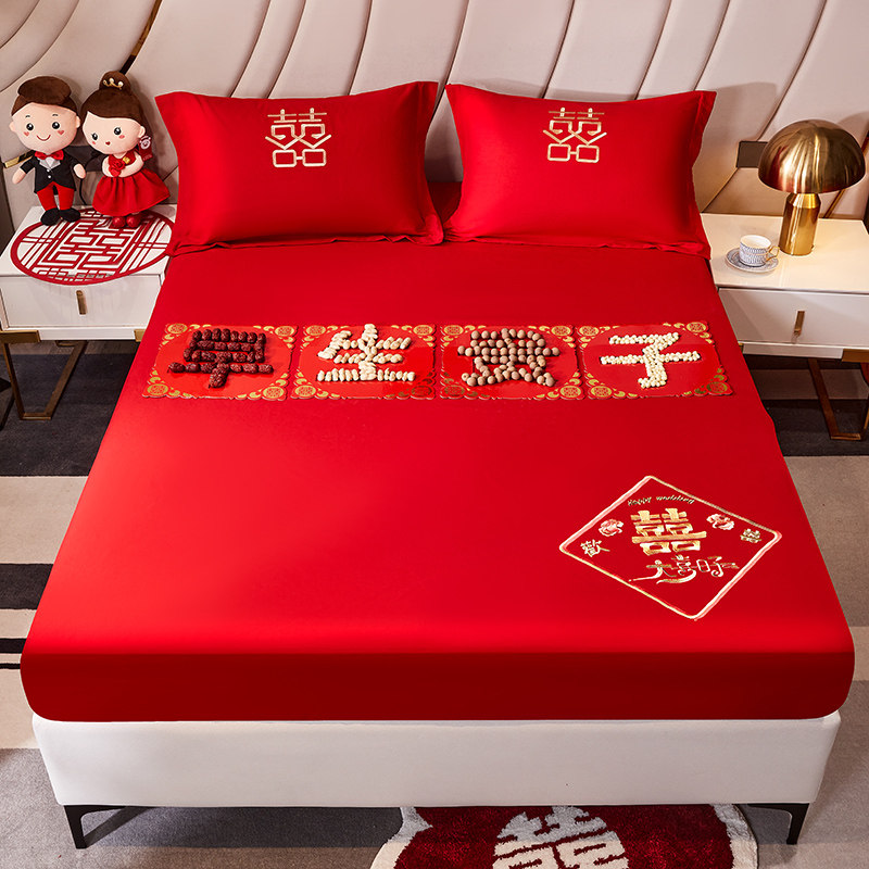 大红色结婚床笠床罩单件新婚喜庆席梦思床套婚庆1.8米2.0米床三件
