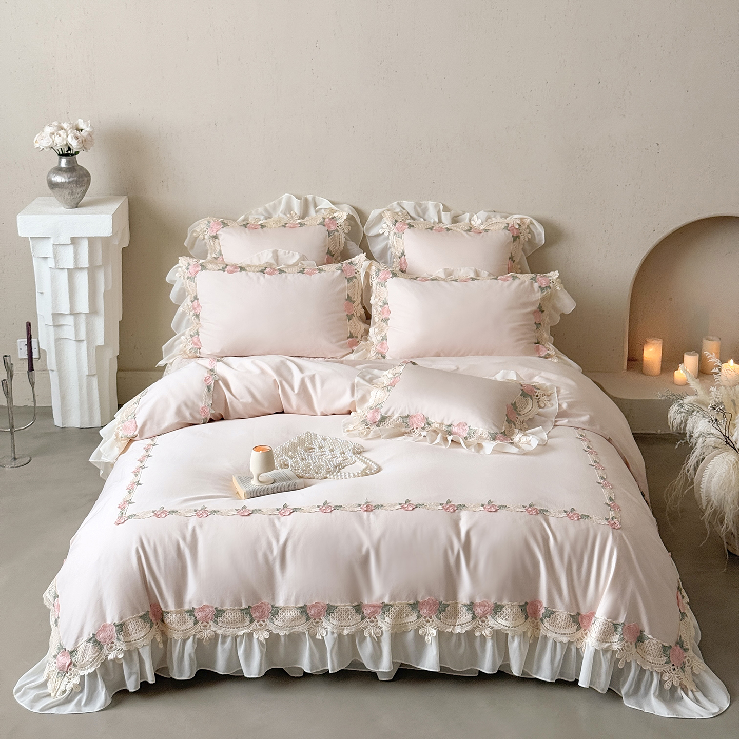 高档法式浪漫蕾丝花边全棉长绒棉四件套公主风纯棉被套高级床盖款