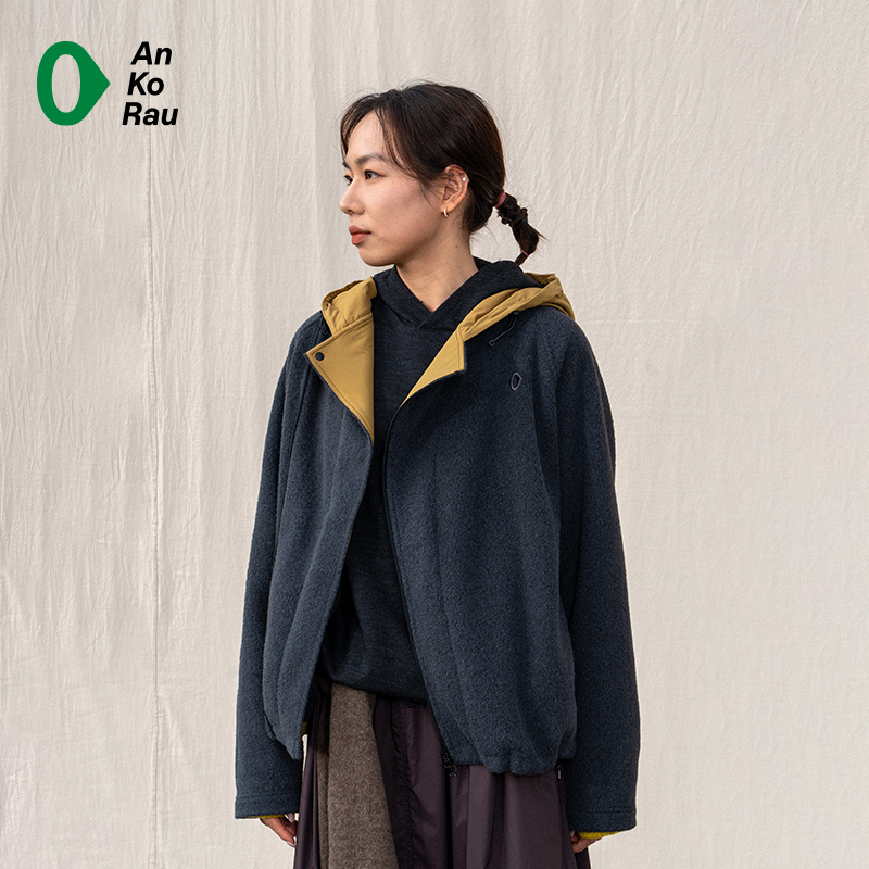 安高若针织毛呢带帽拉链运动外套