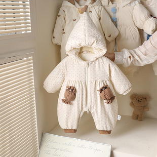 婴儿外出服冬棉衣加绒加棉厚款 新生儿韩系洋气连体衣糖果口袋宝宝