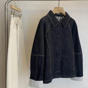 复古明线设计条纹廓形牛仔外套女 调性小翻领 深圳南油货 出R单