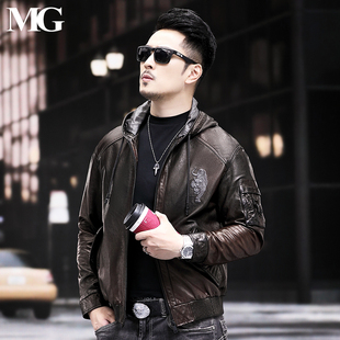 潮时尚 真皮皮衣男修身 外套山羊皮机车皮夹克 老虎刺绣连帽短款 新款