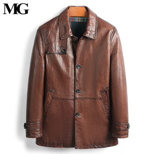 2025英伦商务小风衣男士真皮皮衣头层山羊皮外套海宁单排扣皮夹克