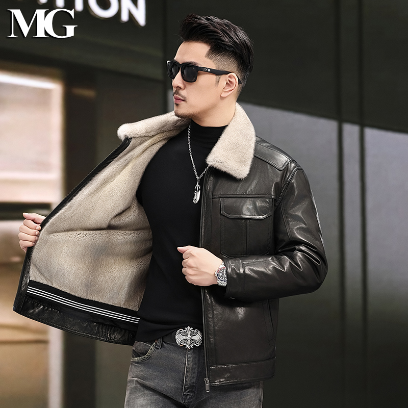 2025进口银蓝整貂皮毛一体外套真皮短款工装水貂山羊皮机车皮夹克