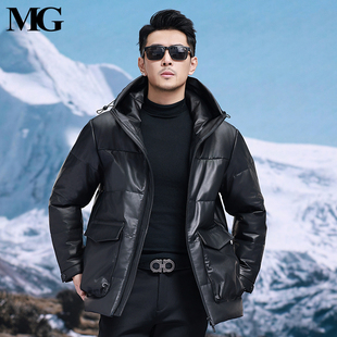 冬季加厚保暖鹅绒真皮皮衣羽绒服男宽松版连帽头层小牛皮夹克外套