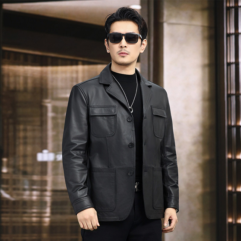 2026高档胎牛皮外套男士西装领猎装款真皮皮衣西服春秋修身皮夹克