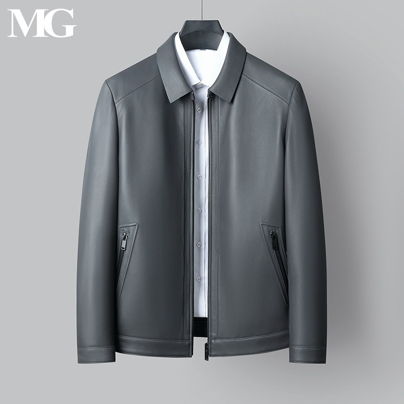 春秋新款灰色真皮皮衣男士头层绵羊皮翻领商务经典短款皮夹克