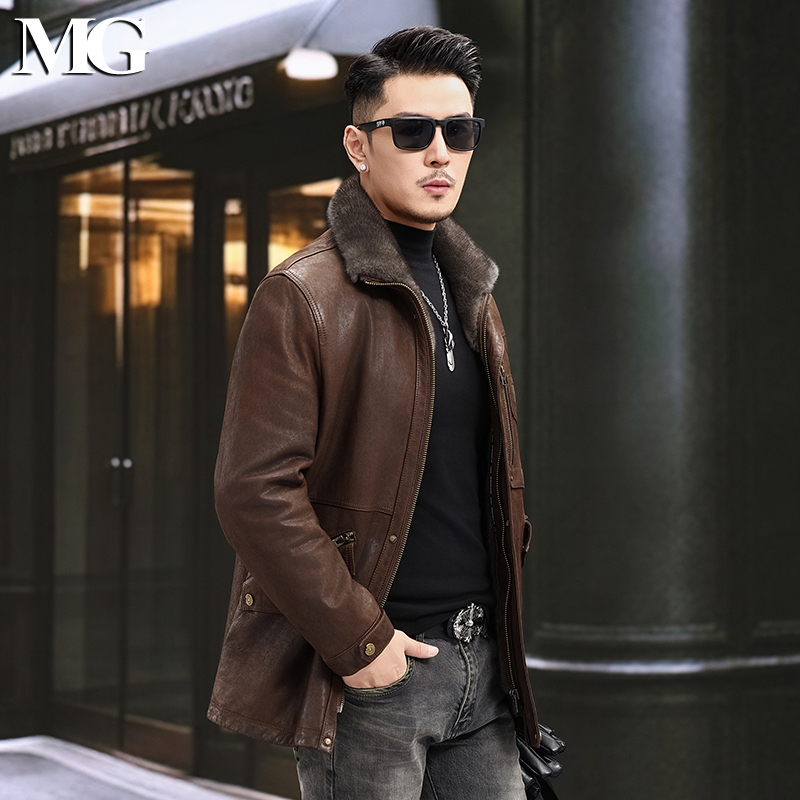 2025整貂水貂内胆皮毛一体真皮皮衣男中长款头层山羊皮外套皮夹克