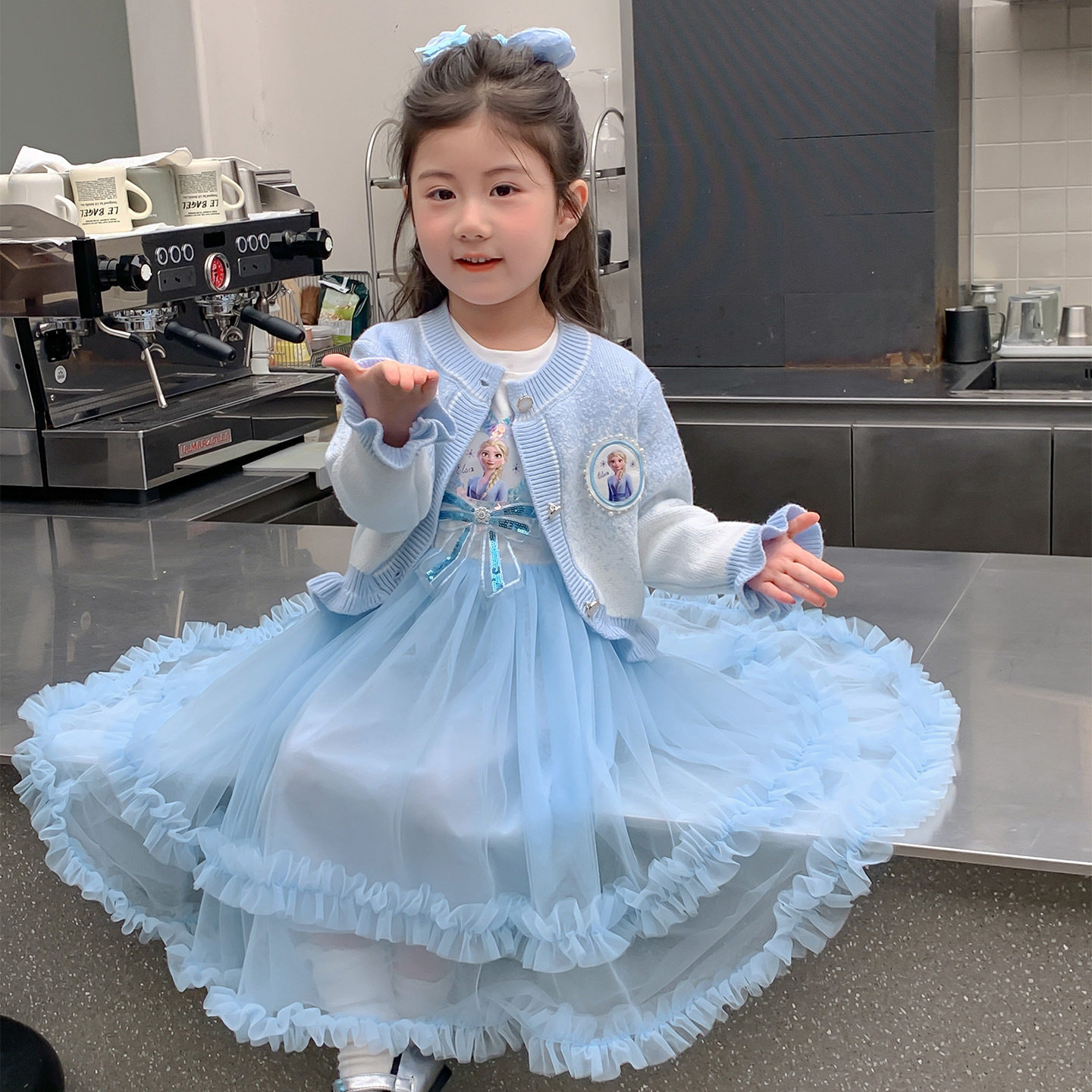 爱莎公主儿童裙子毛衣开衫外套长裙elsa针织长袖连衣裙套装艾莎