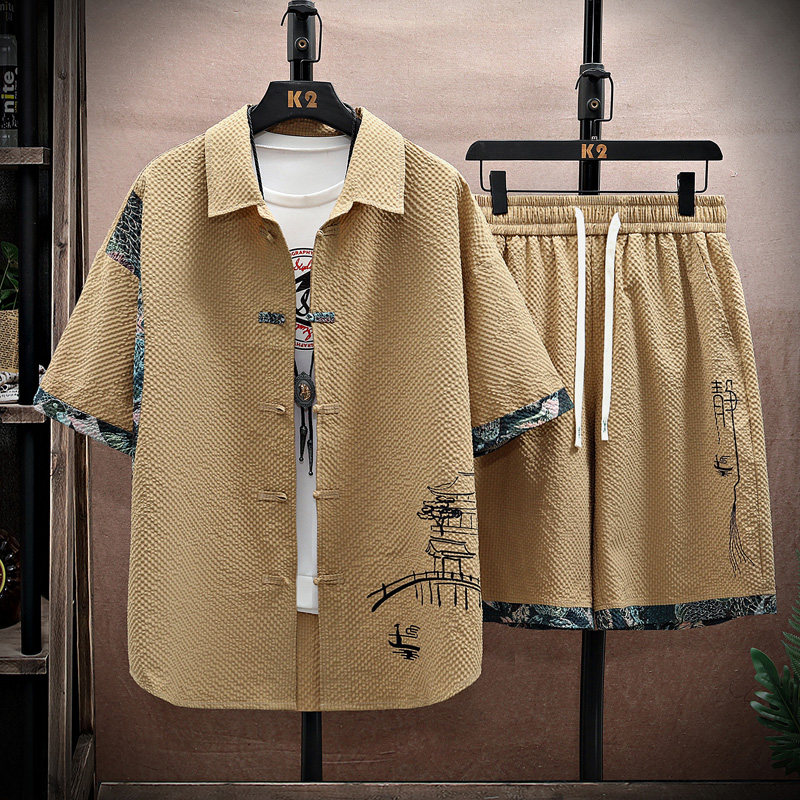 中学生12短袖衬衫套装15岁男孩帅气13青少年14大童中国风衬衣夏装