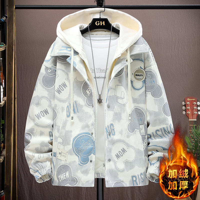 男孩冬季加绒加厚假两件外套棉衣