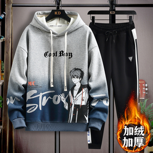 冬季13青少年潮流加绒加厚卫衣男孩15岁初中学生12大童16运动套装
