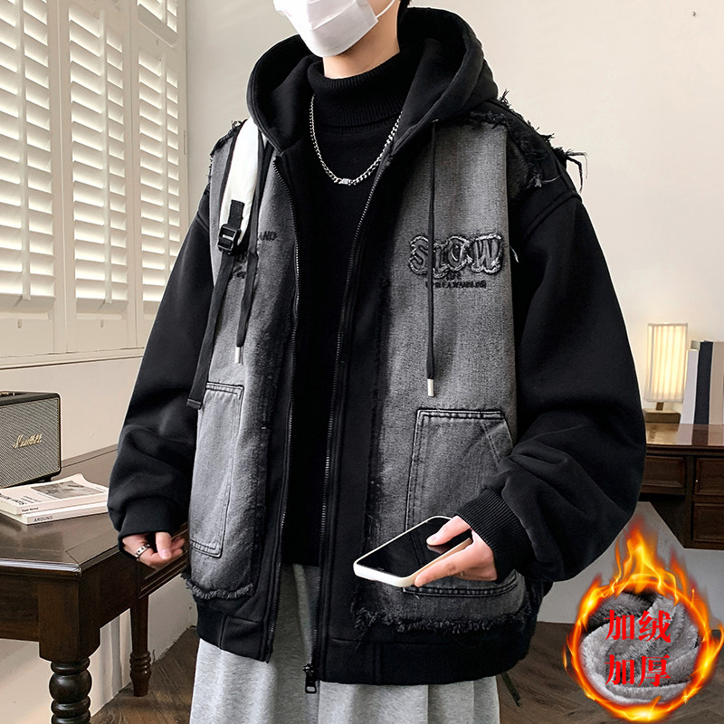 冬季加绒加厚牛仔派克服牛子棉衣