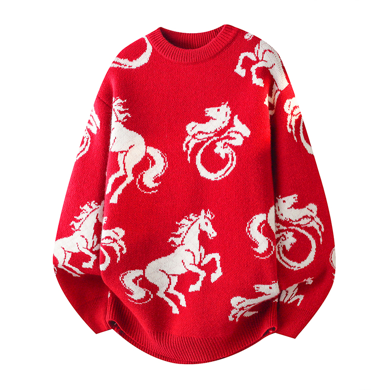 冬季加厚红色本命年毛衣13岁男孩中学生14青少年16大童宽松针织衫