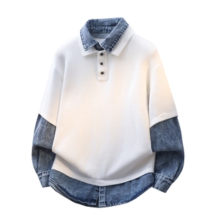 13岁男孩秋冬季潮流衬衫领假两件毛衣14青少年16中学生大童针织衫