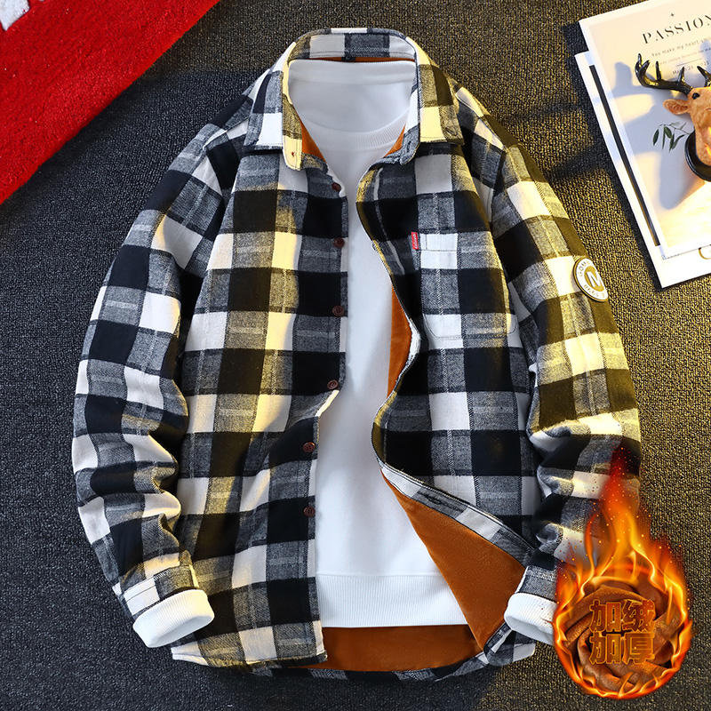 冬季潮流加绒加厚衬衫12男孩13青少年14初中学生15岁大童保暖衬衣