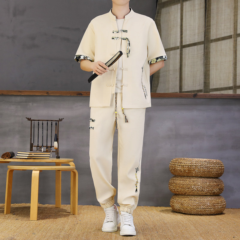 夏季初中学生薄款中国风套装12-15岁男孩帅气14大童短袖衬衫一套