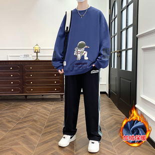 冬季加绒加厚长袖卫衣12岁男孩13初中学生14青少年15大童运动套装