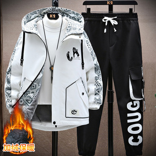 冬季加绒加厚夹克套装男孩13中学生14棉衣外套15岁青少年大童棉袄