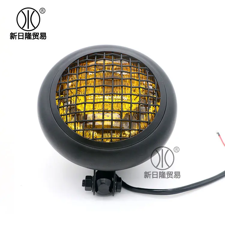 12V摩托车通用复古改装哈雷头灯LED大灯 5.75寸金属网格复古大灯