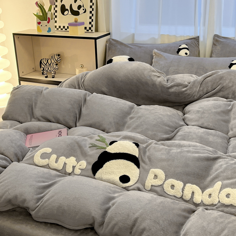 双面加厚牛奶绒床上四件套冬季毛巾绣珊瑚绒被套罩保暖床单三件套