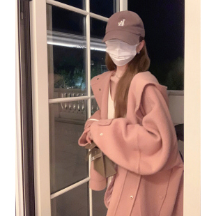 粉色韩系ins风穿搭连帽呢子外套女宽松慵懒风卫衣潮