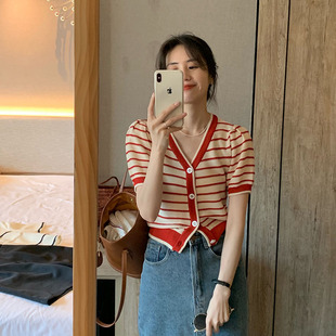 夏季百搭显瘦红色条纹针织衫短袖女薄款冰丝法式气质修身上衣t恤