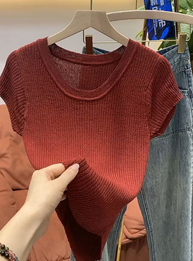 法式复古红色冰丝针织t恤女