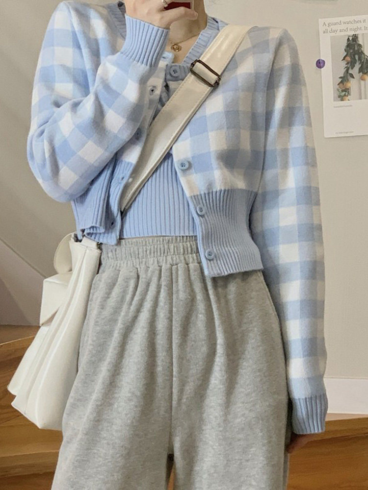 CARDIGAN SWEATER JACKET 2024 NEW SPRING KOREAN VERSION GENTLE WIND BLUE PLAID LOOSE SHORT KNIT TOP WOMEN