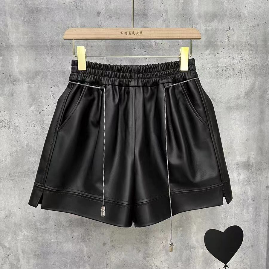 真皮阔腿短裤女2025新款松紧腰韩