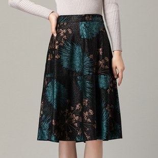 真皮皮裙中长裙纯皮绵羊皮印花百褶裙秋冬半身裙大码高腰