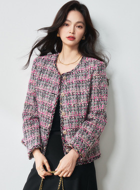 25春荆棘玫瑰粉色炫彩悬浮花纱玫红色粗纺气质外套女18261