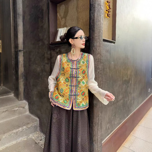 2026年春季国风宋锦织锦提花马甲背心上衣新款复古坎肩上衣春秋