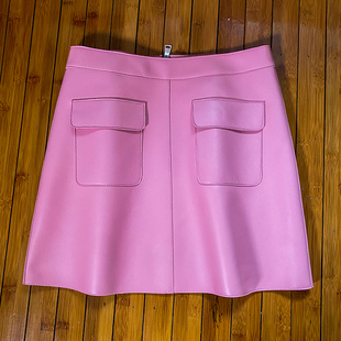 2024秋季 女真皮皮裙短裙a字半身半裙子女粉色绵羊皮小妈秋冬新款