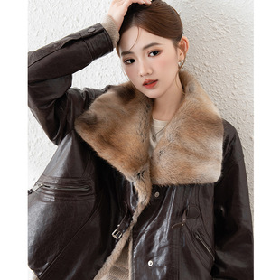 青根貂毛无缝羽绒服女油蜡羊皮皮夹克高级感宽松短款 羽绒皮衣厚保