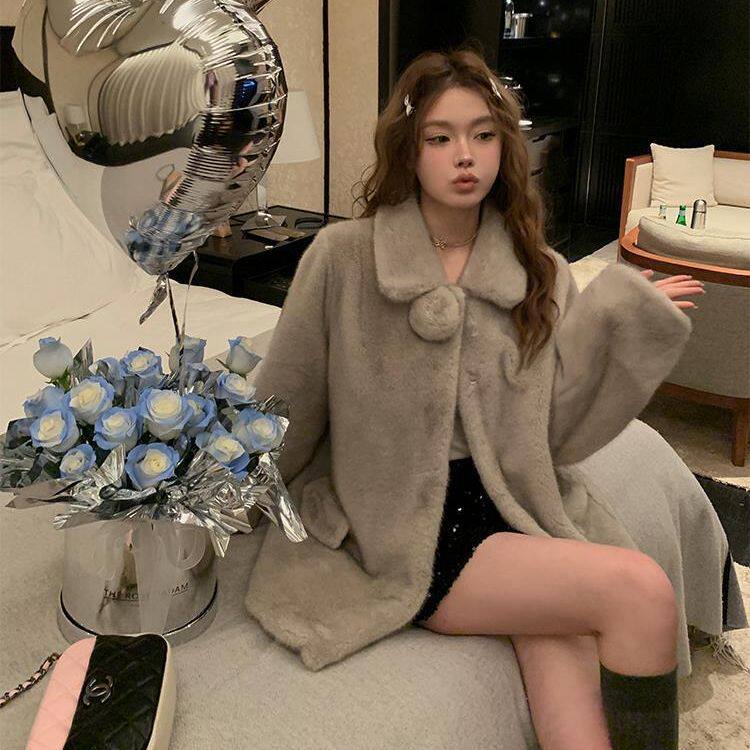 秋冬新款仿水貂绒毛毛外套女环保显瘦年轻款中长款雪球貂