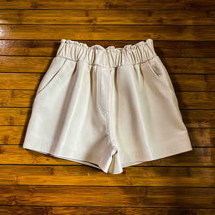 2024年秋冬新款真皮短裤子白色阔腿皮裤女松紧腰100%绵羊皮海宁