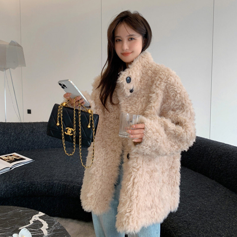 2024年秋冬全羊毛立领羊羔毛羊剪绒大衣托卡皮毛一体外套女冬