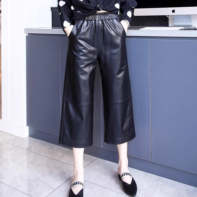 真皮皮裤女2025秋冬新款宽松阔腿裤韩版绵羊皮高腰直筒黑色八分裤