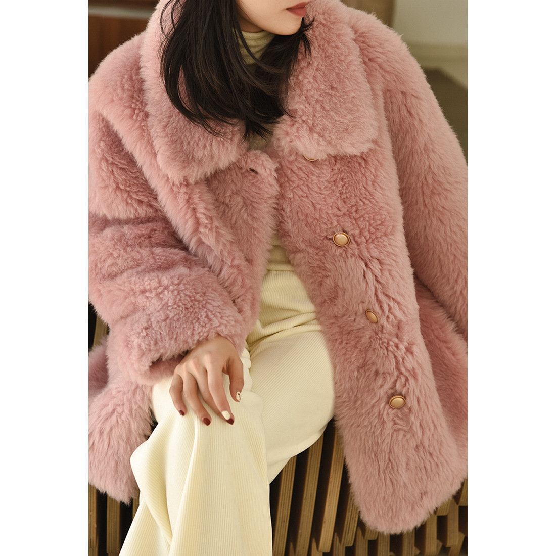 2024年秋冬羊羔毛羊剪绒皮毛一体大衣女中长款加厚外套真羊毛外套